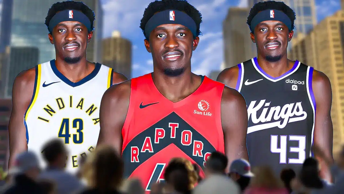 A triple image of Pascal Siakam, one of him in his Raptors jersey, another of him in a Pacers jersey and one of him in a Kings jersey, NBA trade deadline