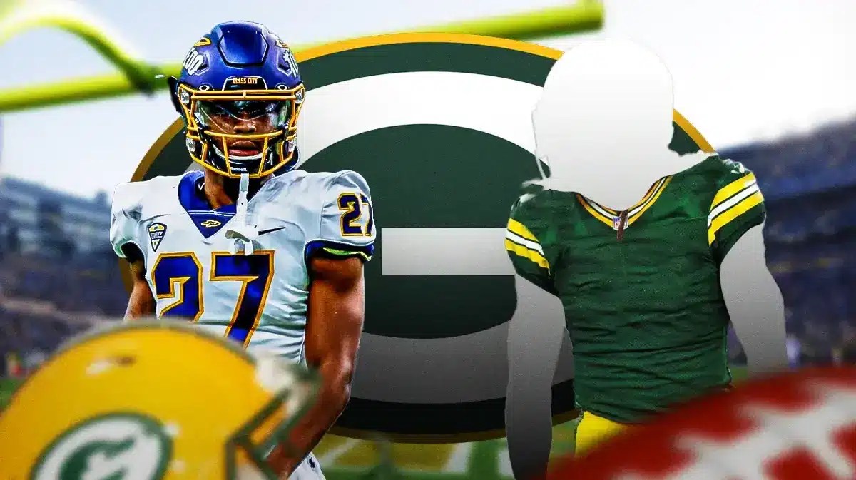 Quinyon Mitchell on one side of image, a silhouetted GB Packers player on other side, GB Packers logo in middle, football field in background