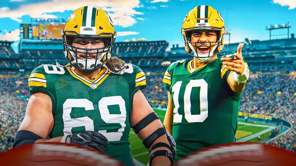 Green Bay Packers tackle David Bakhtiari beside quarterback Jordan Love. Both have smiling/excited expressions