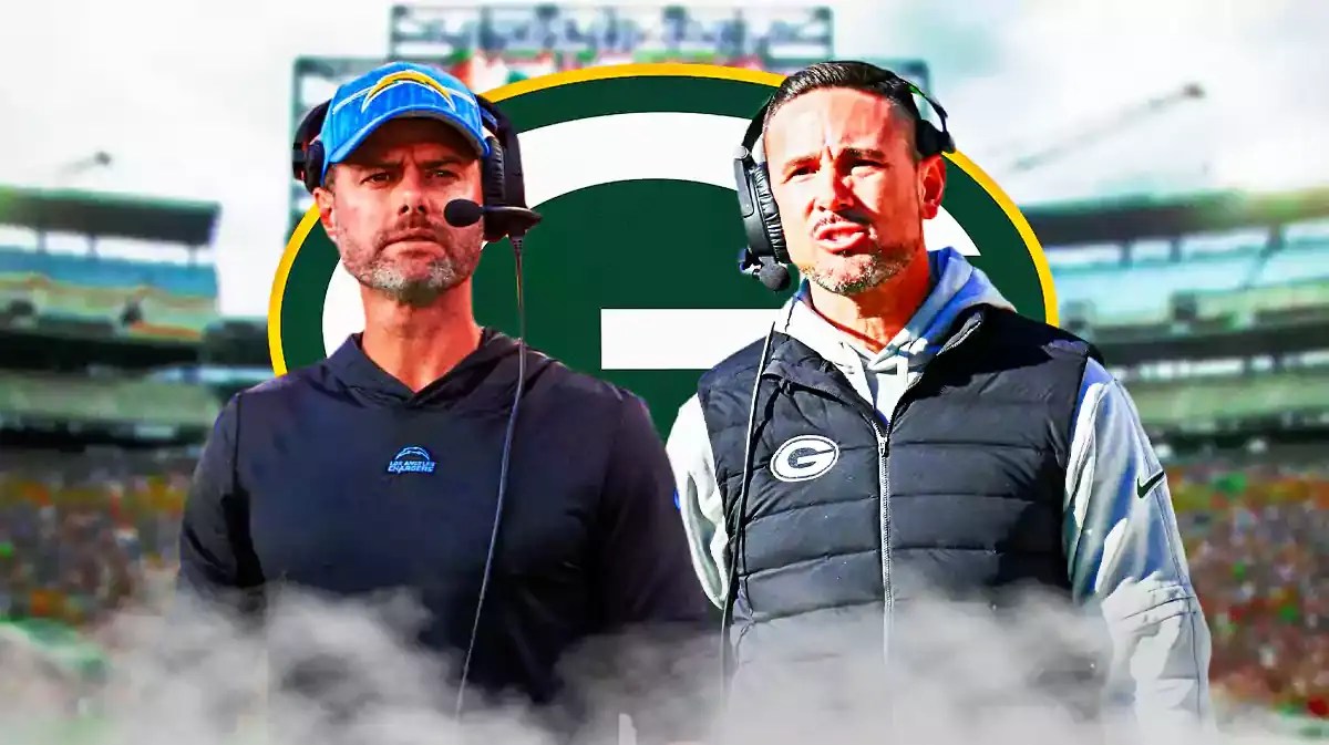 Former Chargers head coach Brandon Staley next to Packers head coach Matt LaFleur. Background next to Lambeau Field