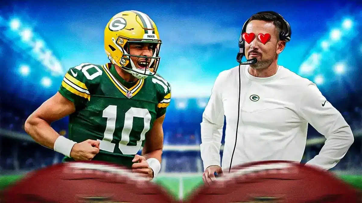 Matt LaFleur with heart eyes looking at Jordan Love