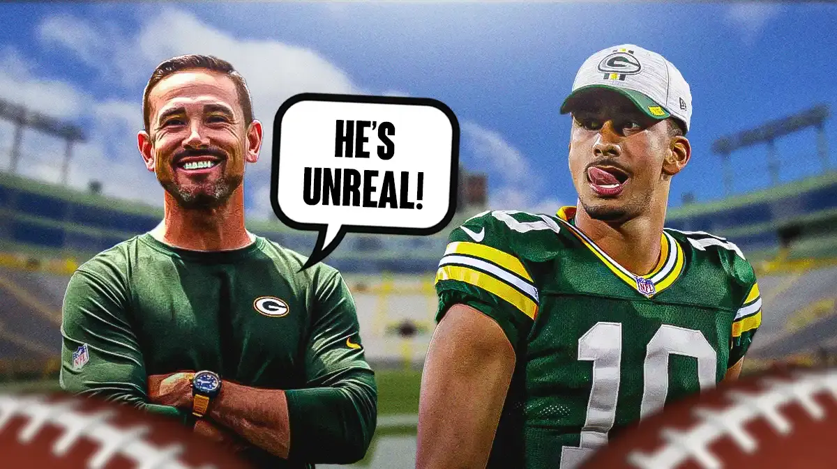 Matt LeFleur smiling next to Jordan Love