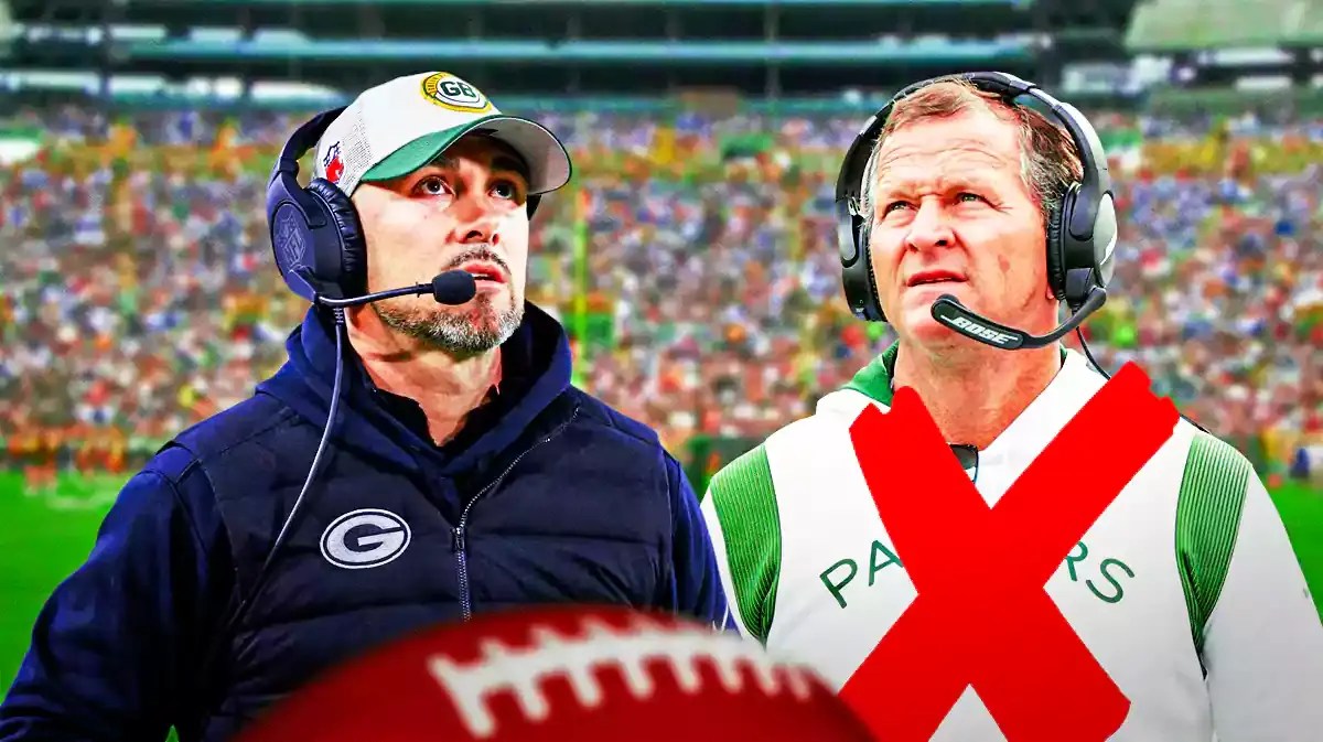 Packers defensive coordinator Joe Barry with a big red X over him next to Matt LaFleur.