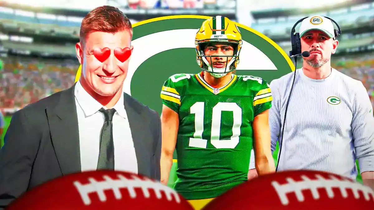 Rob Gronkowski with hearts in his eyes looking at Packers Jordan Love, Matt LaFleur