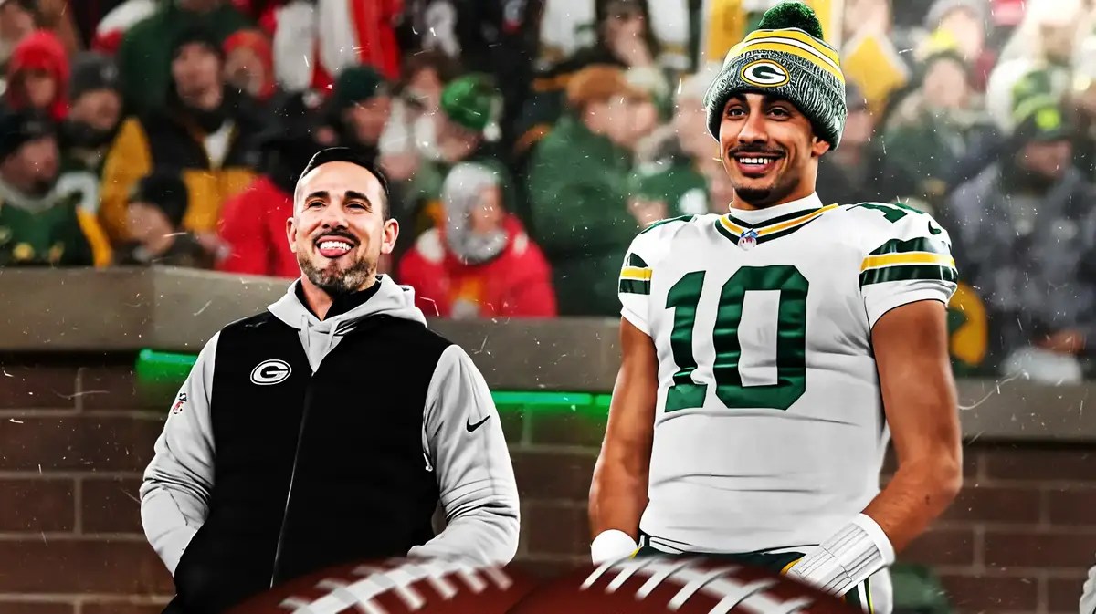 Jordan Love and Matt LaFleur smiling. Packers fans in background