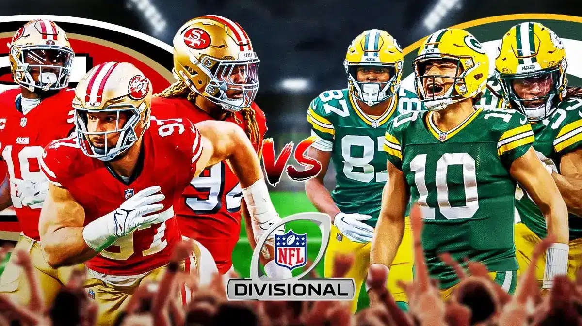 Chase Young, Nick Bosa, Deebo Samuel, 49ers logo vs. Jordan Love, Romeo Doubs, Aaron Jones, Packers logo. Divisional Round logo front and center.
