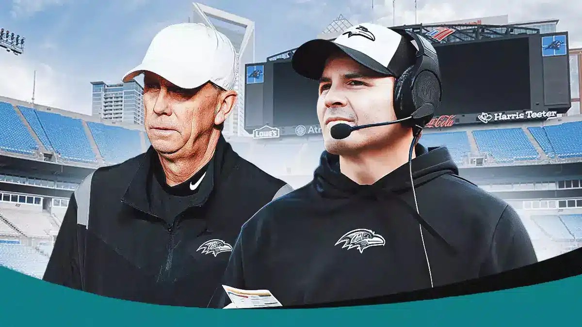 A Carolina Panthers logo front and center, and on either side Baltimore Ravens' offensive coordinator Todd Monken and Mike Macdonald.