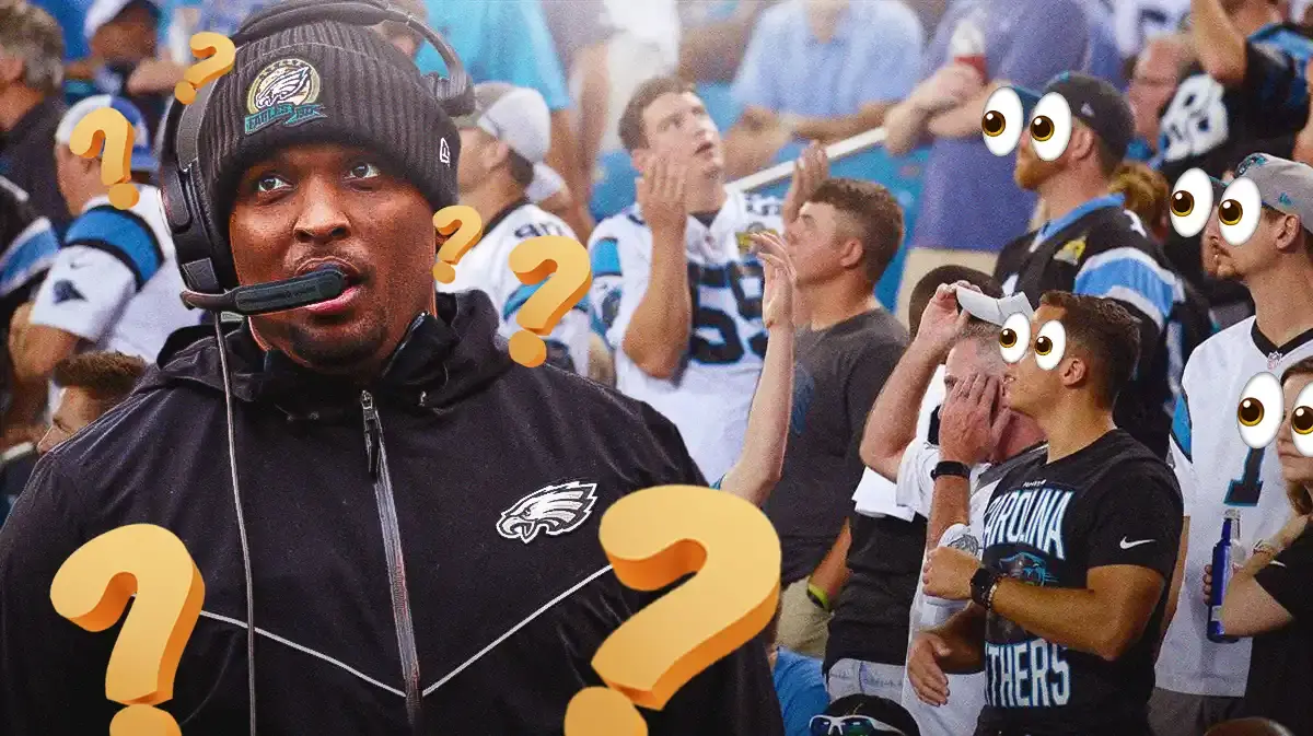 Brian Johnson on one side with a bunch of question marks around him, a bunch of Carolina Panthers fans on the other side with the big eyes emoji over their faces