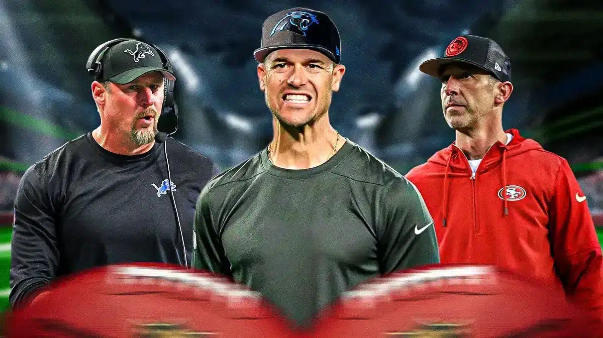 Dave Canales between Dan Campbell and Kyle Shanahan
