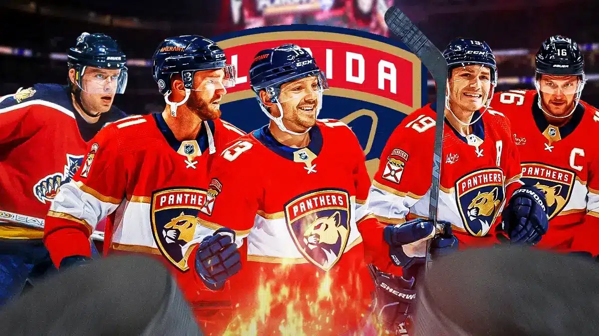 Sam Reinhart in middle of image looking happy with fire around him, Jonathan Huberdeau and Pavel Bure on one side, Matthew Tkachuk and Aleksander Barkov on other side (all in FLA Panthers jerseys), FLA Panthers logo, hockey rink in background NHL Power Rankings
