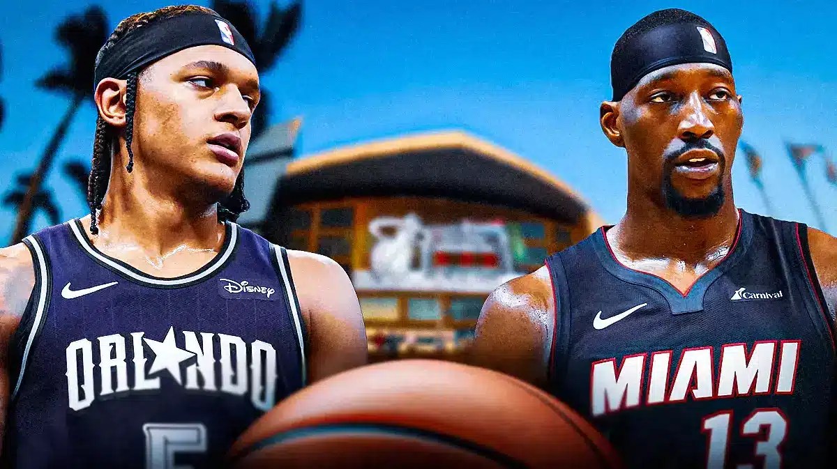 Photo: Paolo Banchero in Magic uniform with Bam Adebayo in Heat uniform, Kaseya Center behind them