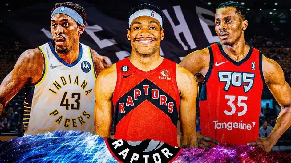 Pacers Pascal Siakam with Raptors Bruce Brown and Christian Koloko