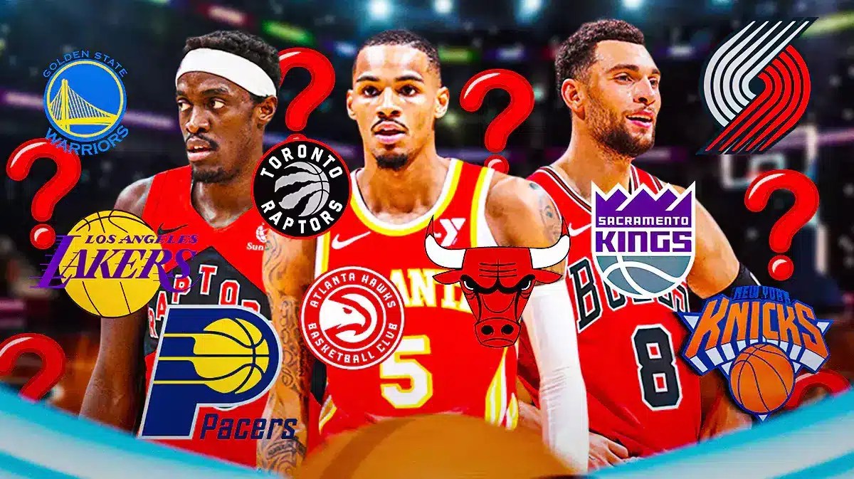 Pascal Siakam, Dejounte Murray, Zach LaVine with questions marks and team logos around them