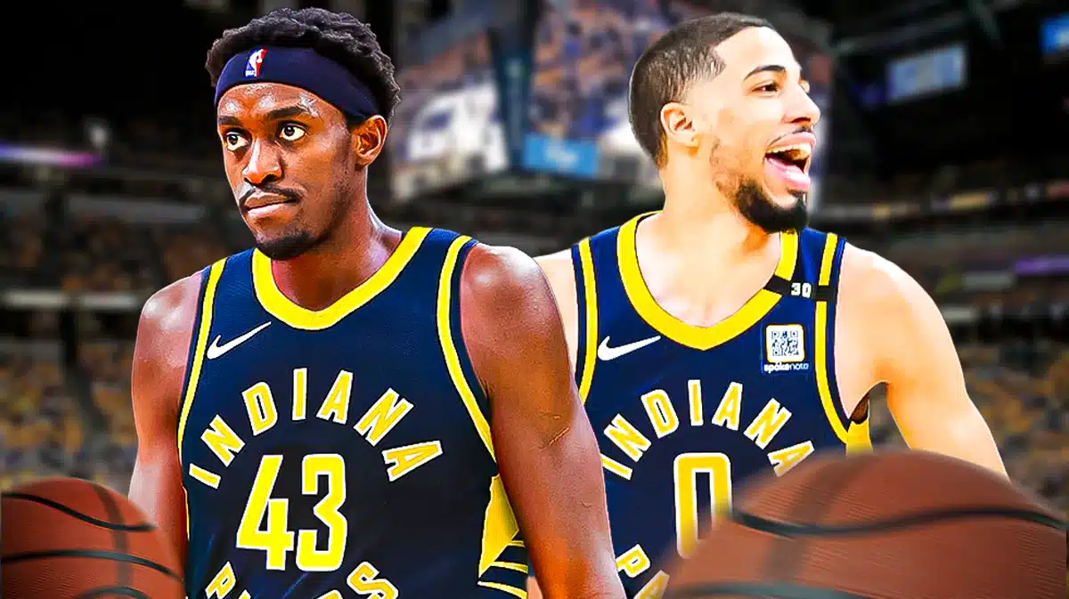Pascal Siakam in a Pacers jersey alongside Tyrese Haliburton