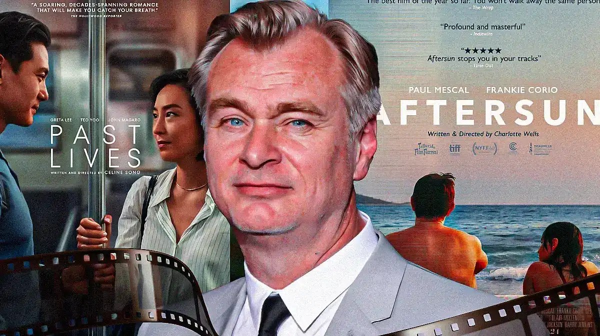 Christopher Nolan with posters of Past Lives and Aftersun in background.
