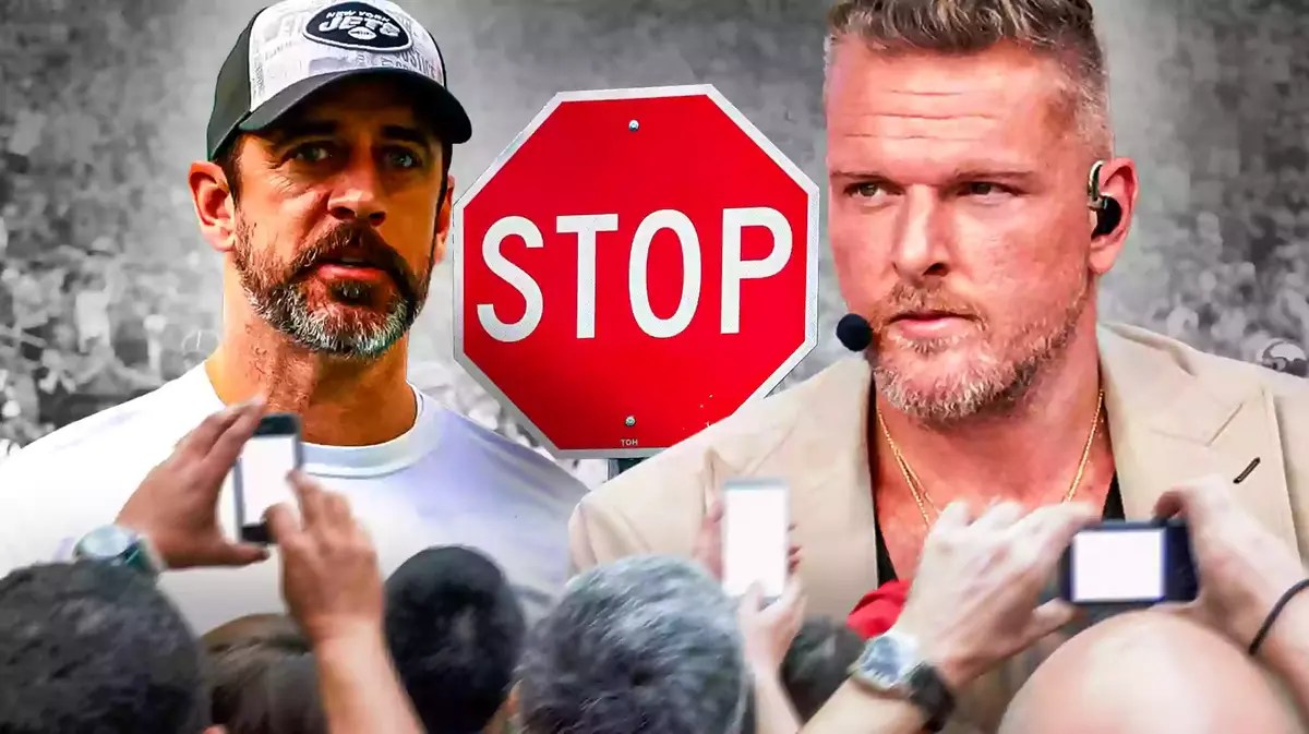 Jets' Aaron Rodgers on left. Pat McAfee on right. Stop sign in middle.