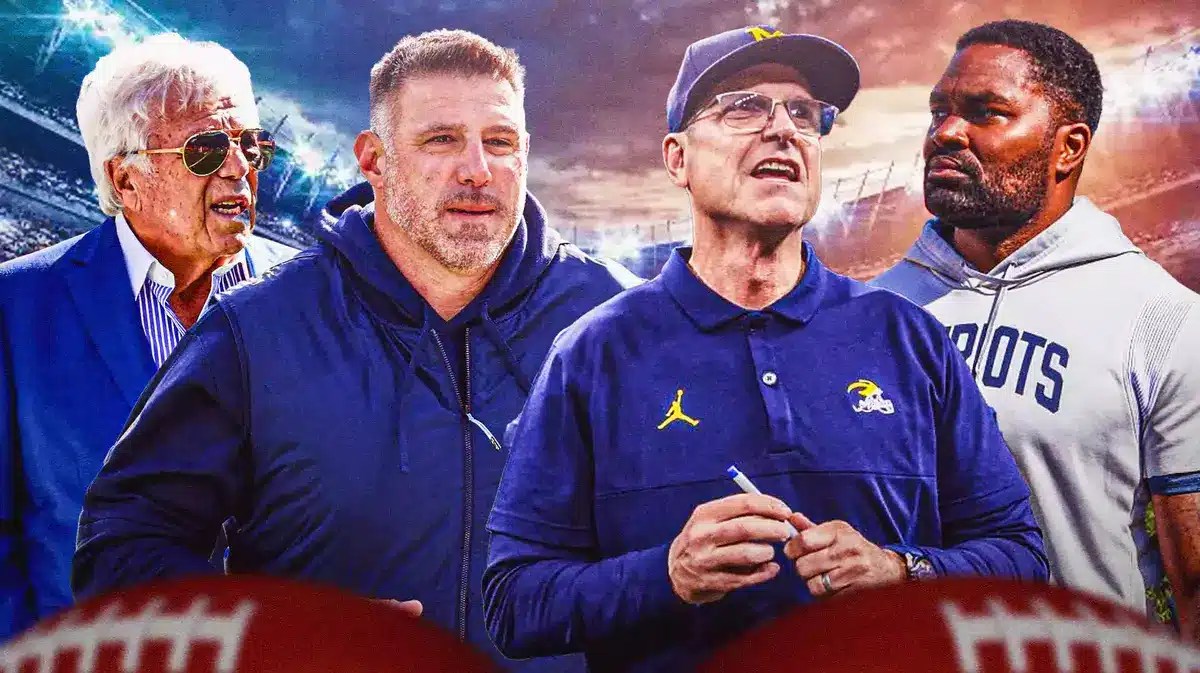 Robert Kraft, Mike Vrabel, Jim Harbaugh and Jerod Mayo