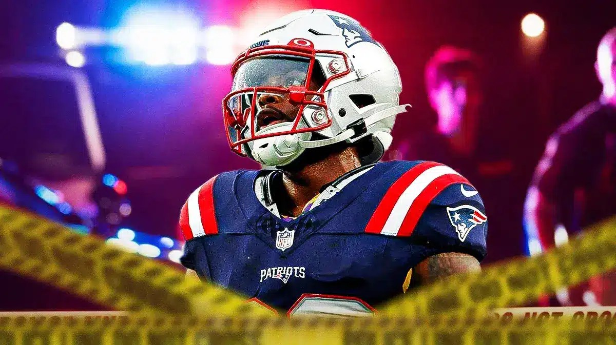 Patriots and former LSU football player Kayshon Boutte with police lights in the background.