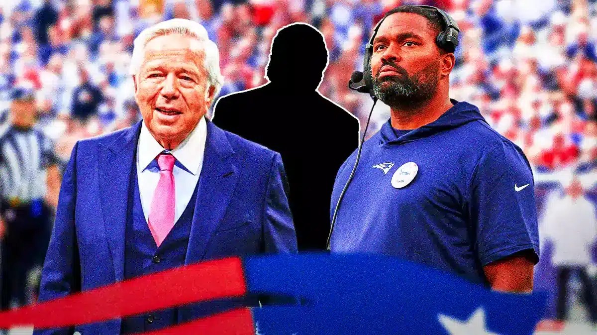 Patriots owner Robert Kraft, head coach Jerod Mayo, and a silhouette