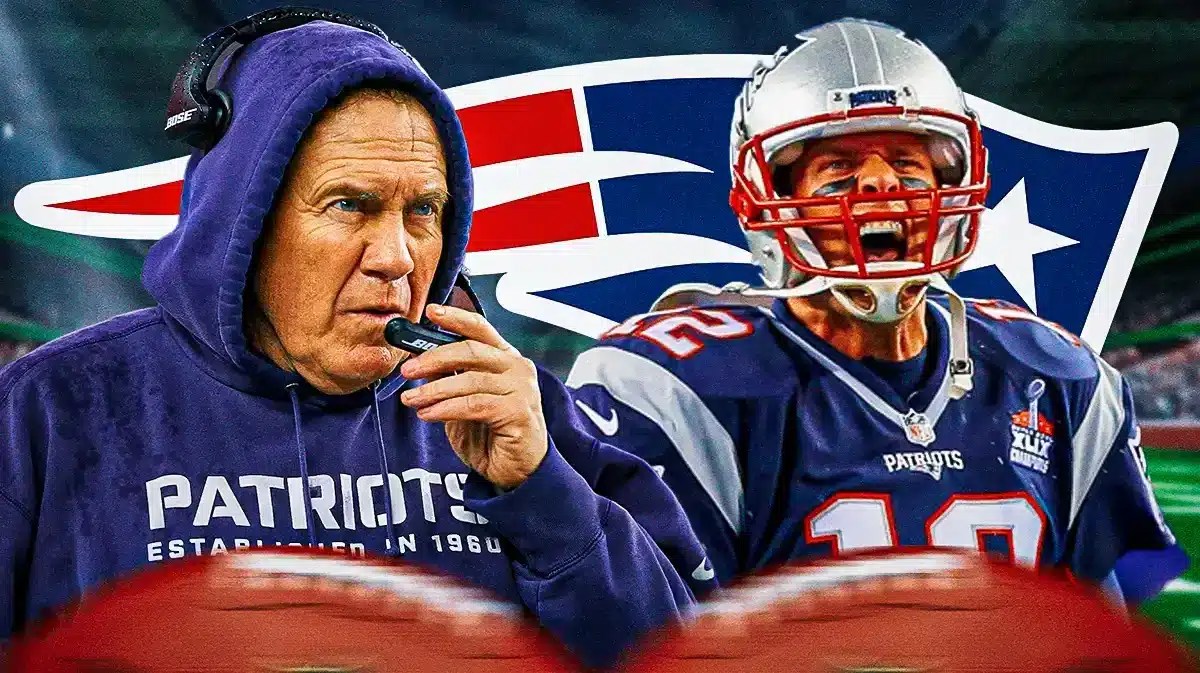 Photo: Tom Brady and Bill Belichick in Patriots gear with Patriots logo in the back