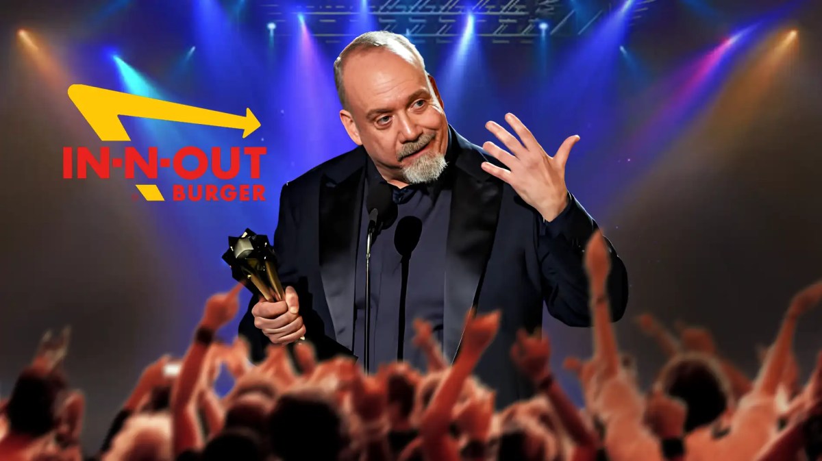 Paul Giamatti with Critics Choice Award Best Actor trophy and In-N-Out logo in front of crowd.