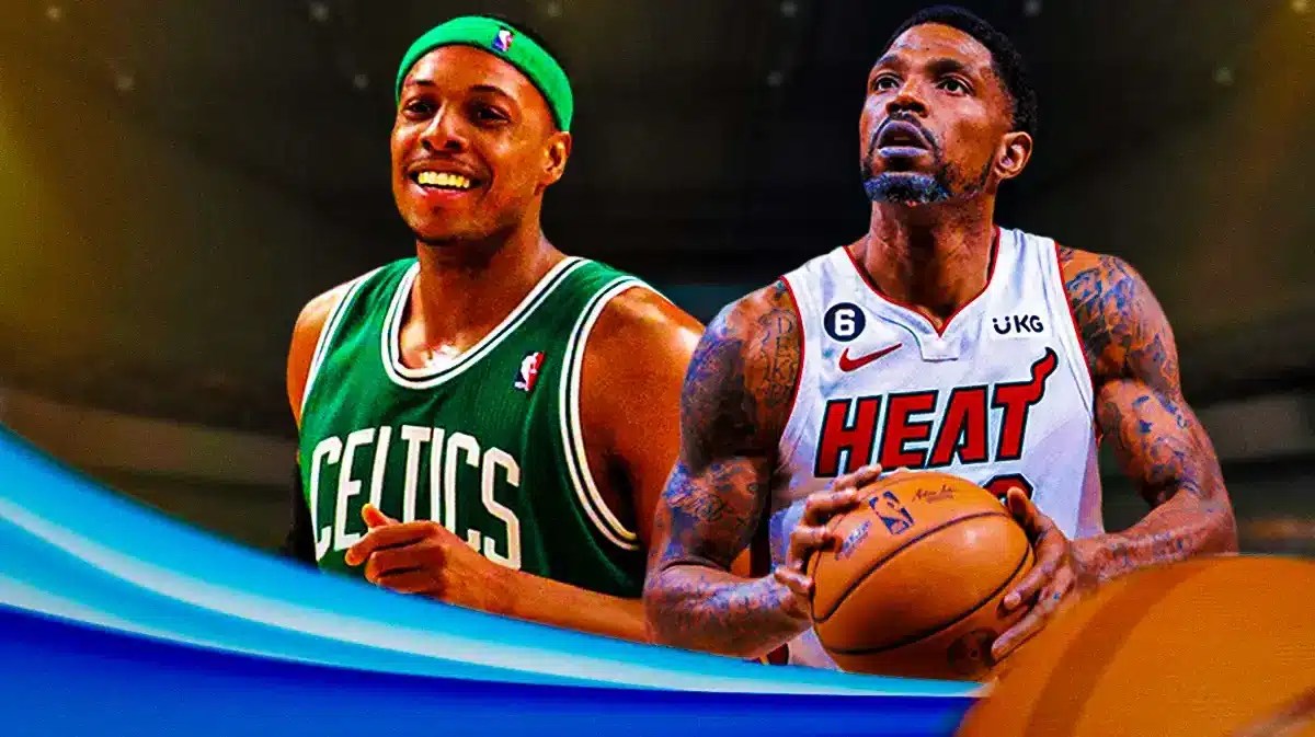 Former Boston Celtics star Paul Pierce and Miami Heat star Udonis Haslem in front of the Kaseya Center.