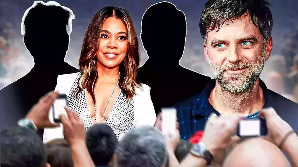 Paul Thomas Anderson and Regina Hall with Sean Penn and Leonardo DiCaprio as silhouettes.