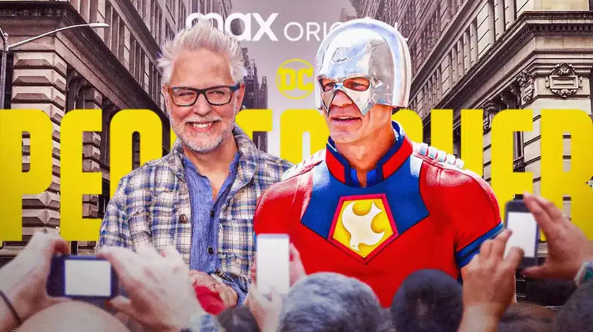 James Gunn and John Cena in front of DCU Peacemaker logo.