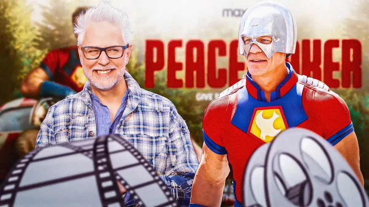 James Gunn next to John Cena as Peacemaker and DCU logo.