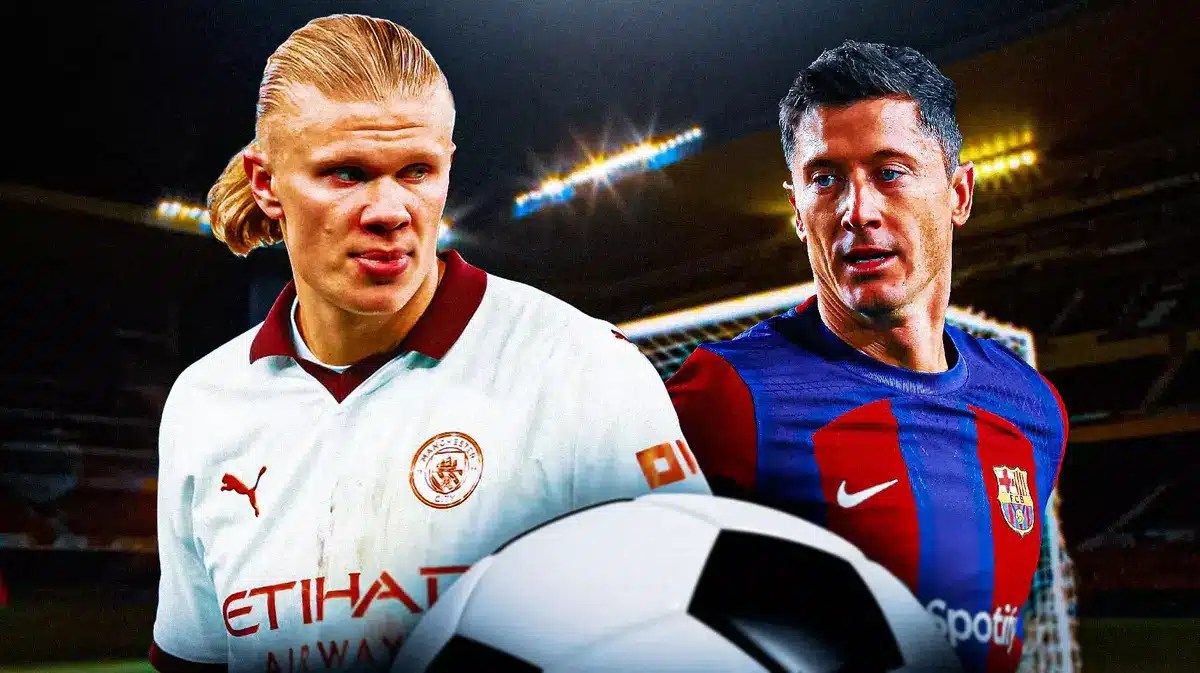 Erling Haaland and Robert Lewandowski in front of the Barcelona logo