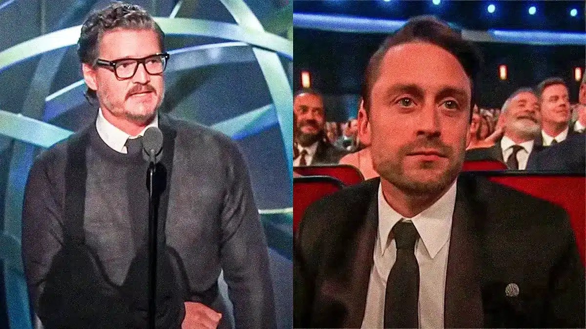 Split screen pic – Pedro Pascal’s bleeped out comment from on stage and Kieran Culkin’s reaction in audience at Emmy Awards