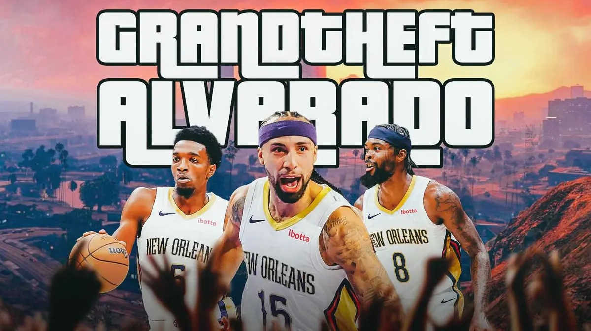 Pelicans' Jose Alvarado, Naji Marshall and Herb Jones in a cover of GTA V, but instead of Grand Theft Auto, it’s “Grant Theft Alvarado”