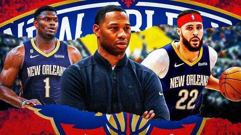 Pelicans Zion Williamson, Willie Green, and Larry Nance Jr.