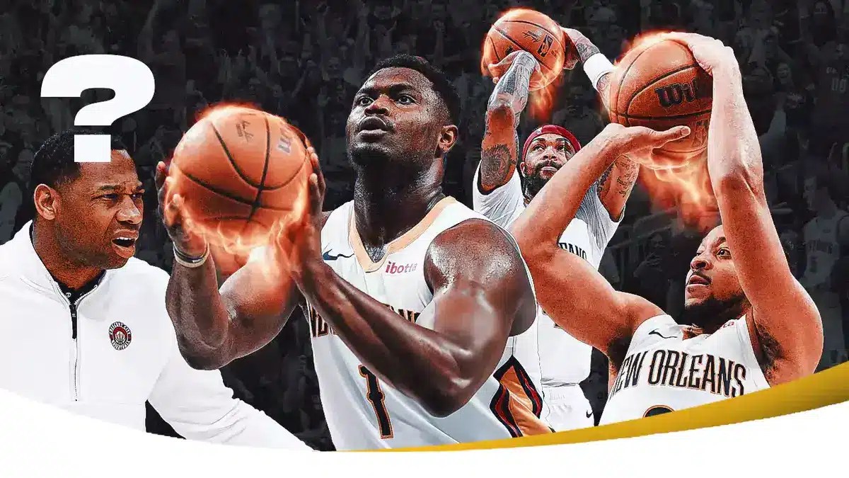 Pelicans' Willie Green with question mark above his head. Zion Williamson, Brandon Ingram and CJ McCollum all shooting the ball on fire in the background