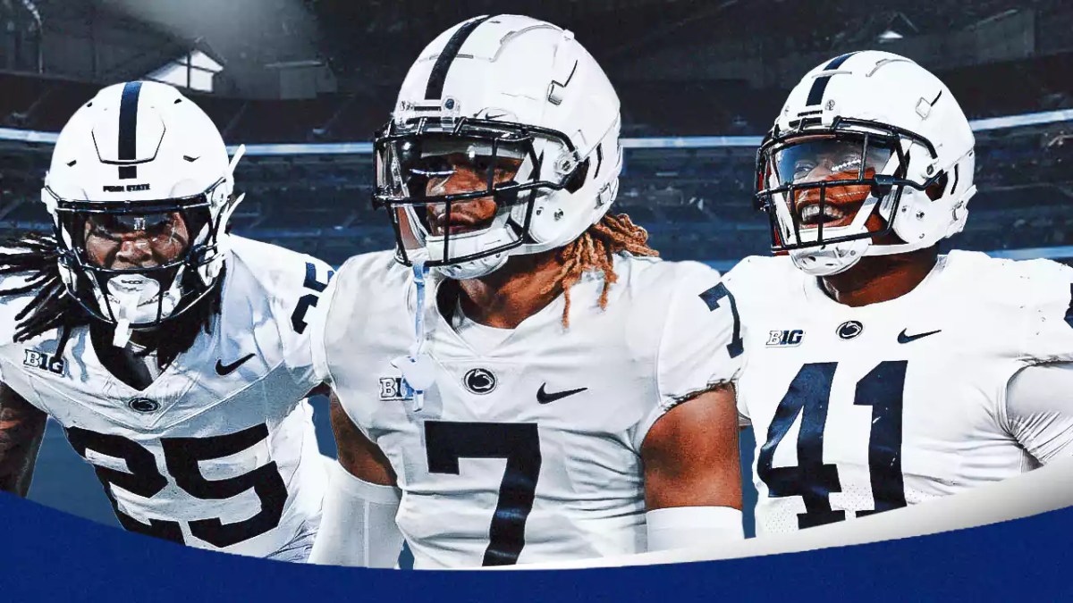 Penn State football, Nittany Lions, Daequan Hardy, Kobe King, Jaylen Reed, Daequan Hardy, Jaylen Reed and Kobe King all in Penn State unis with Peach Bowl stadium in the background