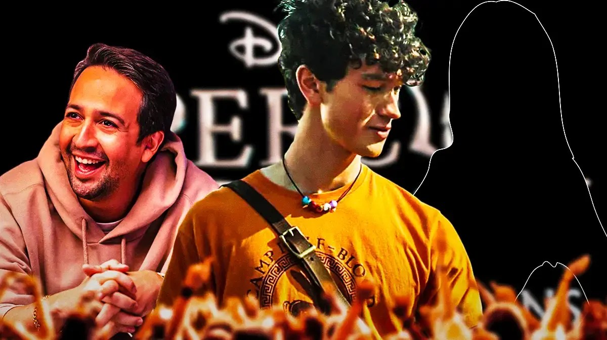 Charlie Bushnell as Luke, Lin-Manuel Miranda, and silhouette in front of Percy Jackson and the Olympians logo.