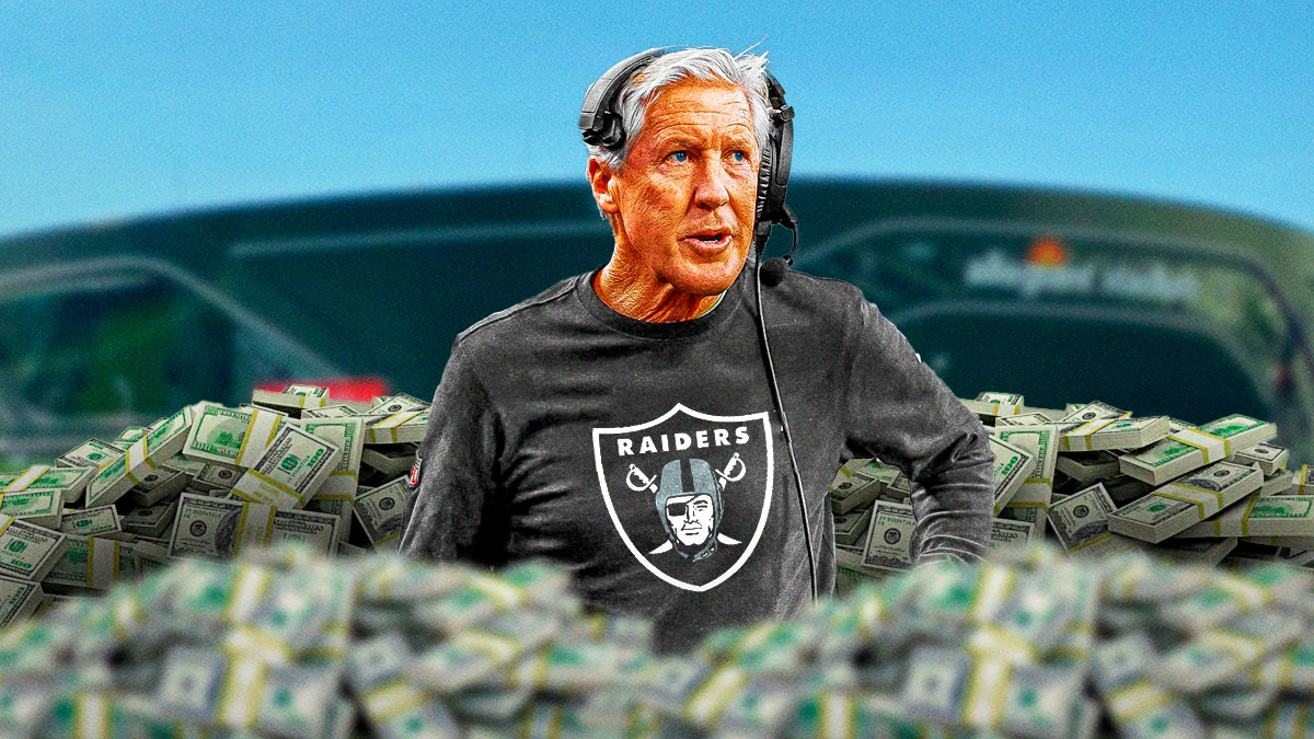 Pete Carroll surrounded by cash.