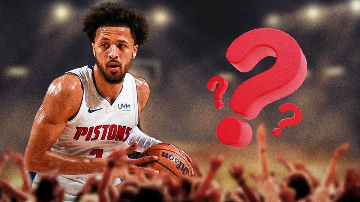 Pistons' Cade Cunningham shooting a basketball on left. On right, place a question mark.