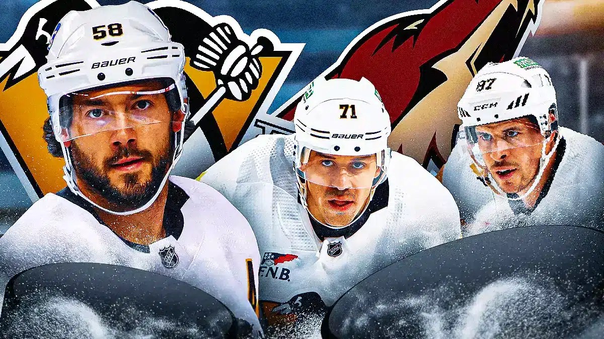 Kris Letang, Evgeni Malkin and Sidney Crosby all in image looking angry, PIT Penguins and AZ Coyotes logo, hockey rink in background