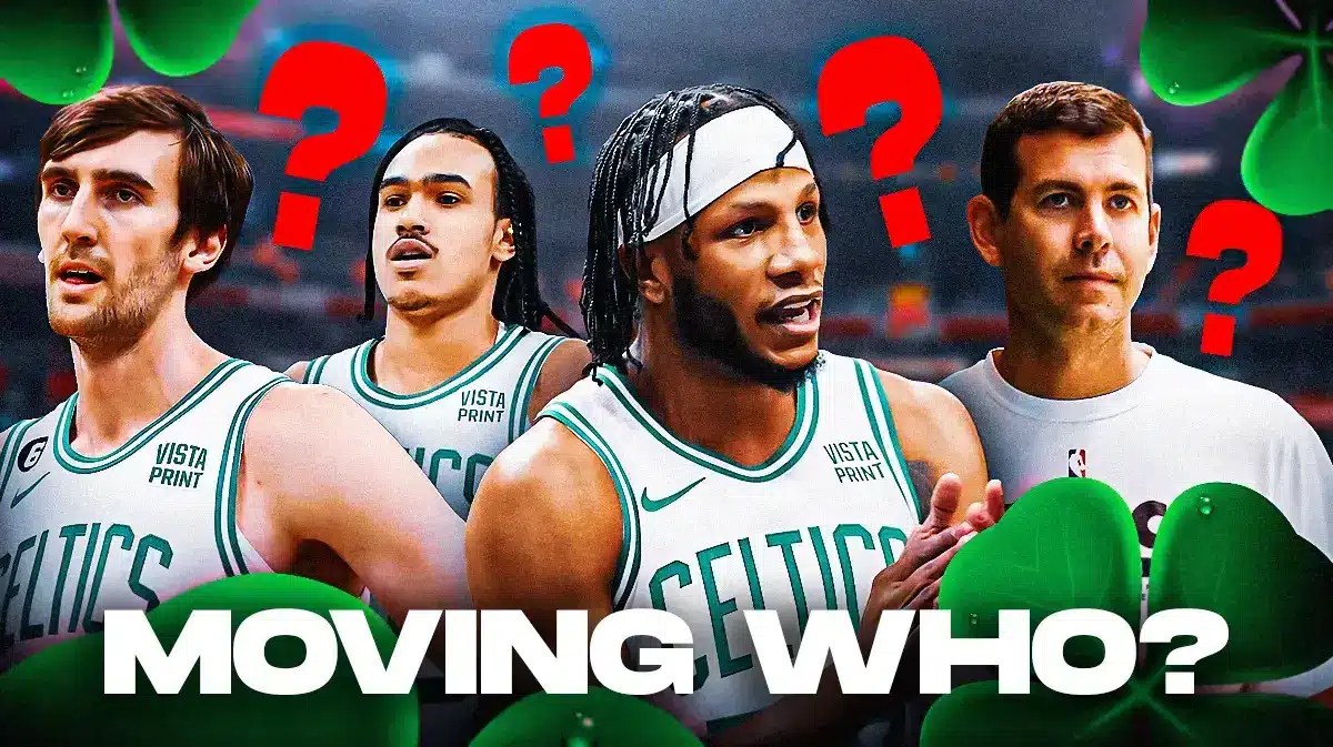 Luke Kornet, Dalano Banton, Lamar Stevens, Coach Brad Stevens all beside each other, and question marks in the background.