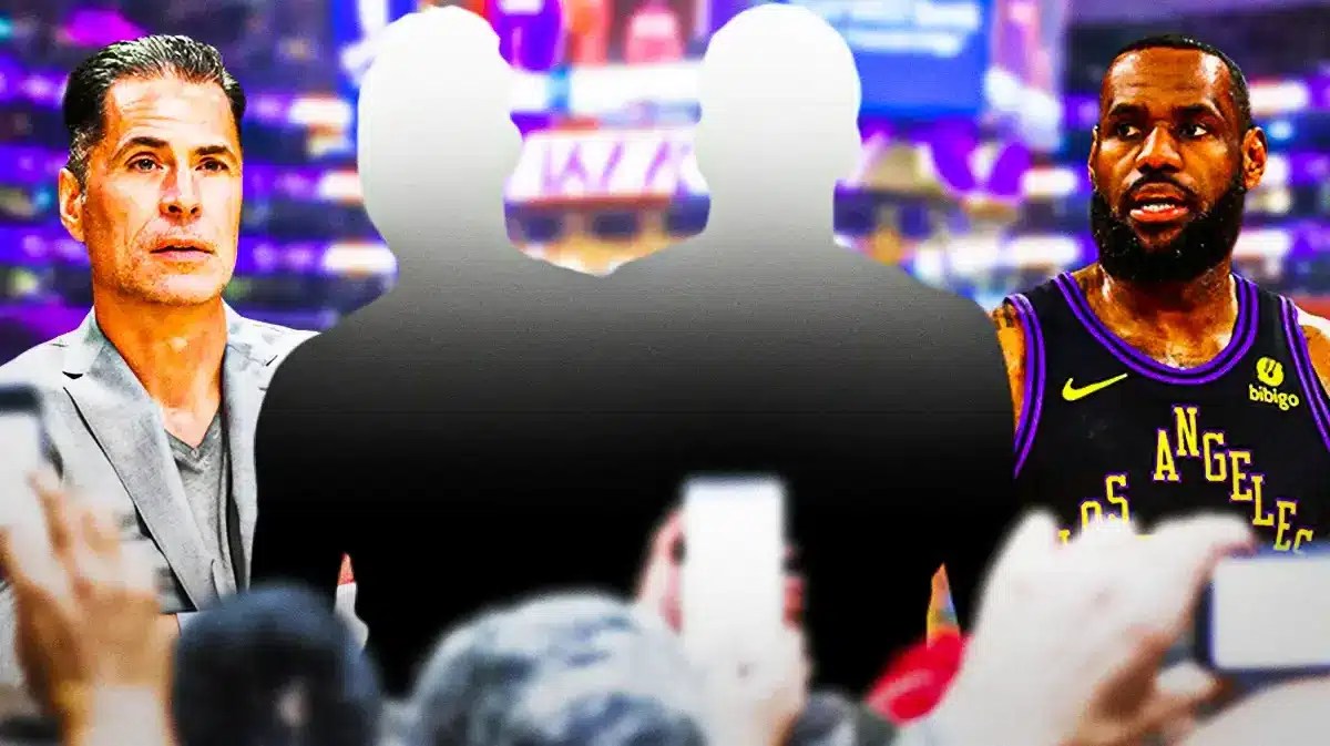 Lakers' Rob Pelinka and LeBron James with two anonymous players