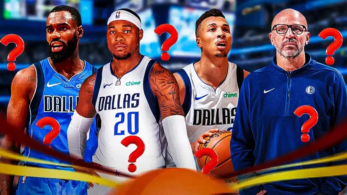 Tim Hardaway Jr, Richaun Holmes, Dante Exum, Coach Jason Kidd all beside each other, and question marks in the background.