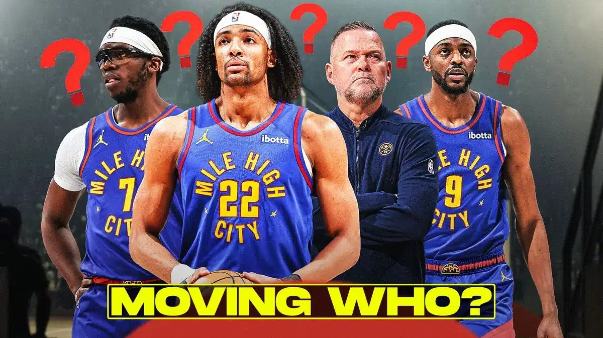 Reggie Jackson, Zeke Nnaji, Justin Holiday, Coach Michael Malone all beside each other, and question marks in the background.