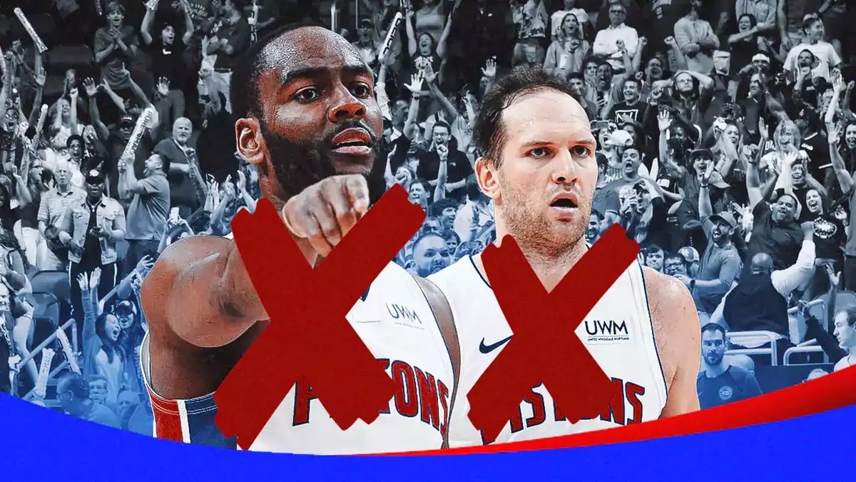 Pistons' NBA trade deadline targets Alec Burks and Bojan Bogdannovic with red Xs over each of them.