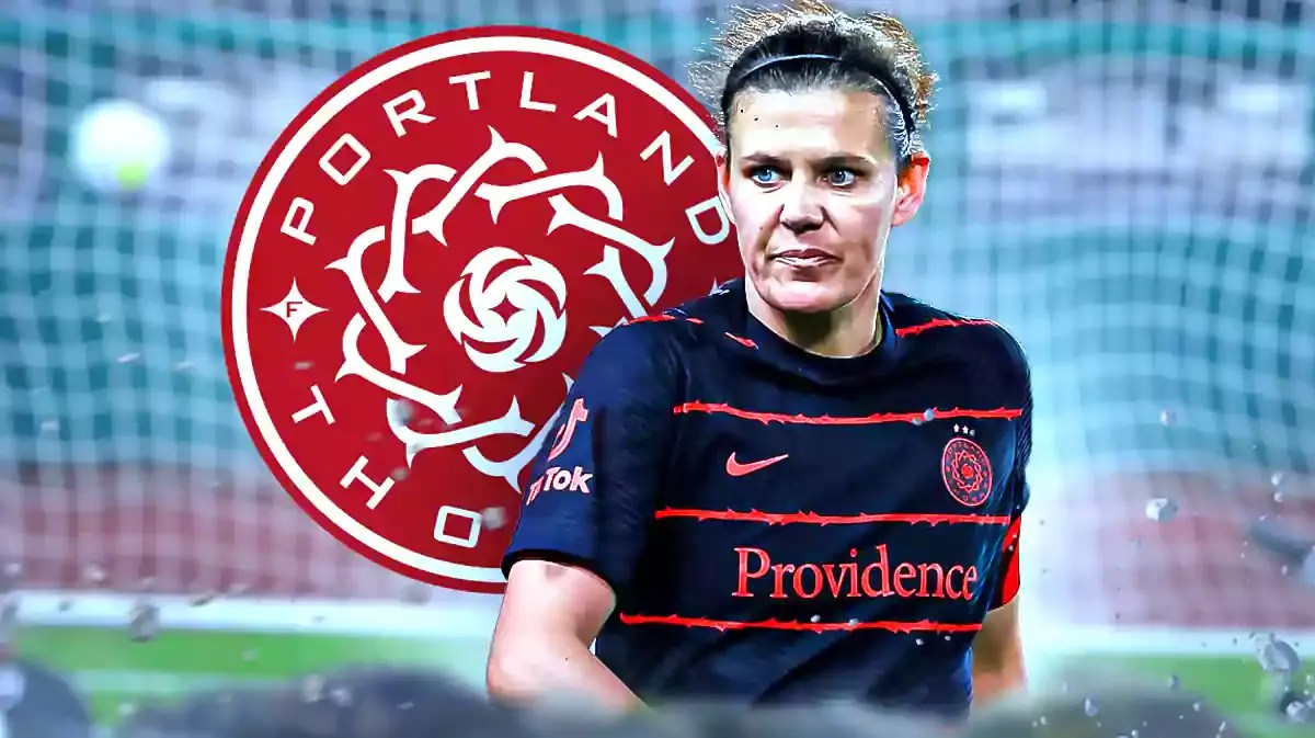 NWSL player Christine Sinclair with the Portland Thorns logo