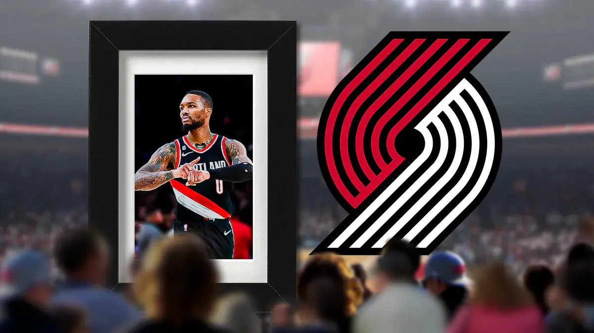 Damian Lillard poses in Trail Blazers unform while Bucks players watch from afar