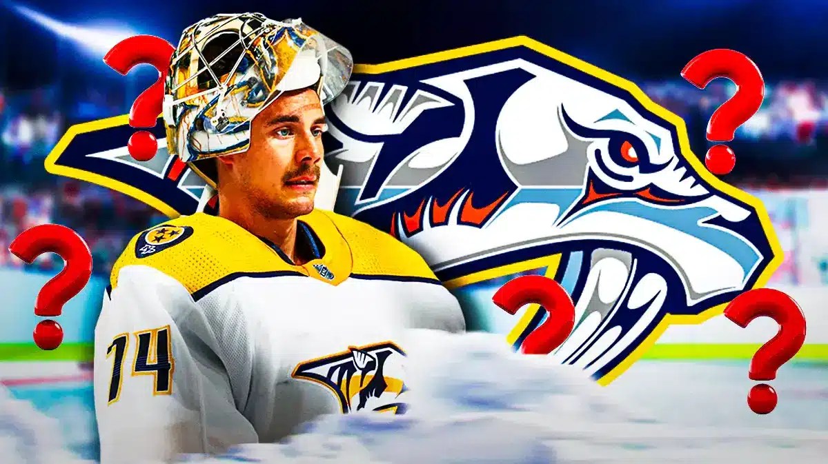 Juuse Saros in middle of image looking stern, a few question marks around him, NSH Predators logo, hockey rink in background