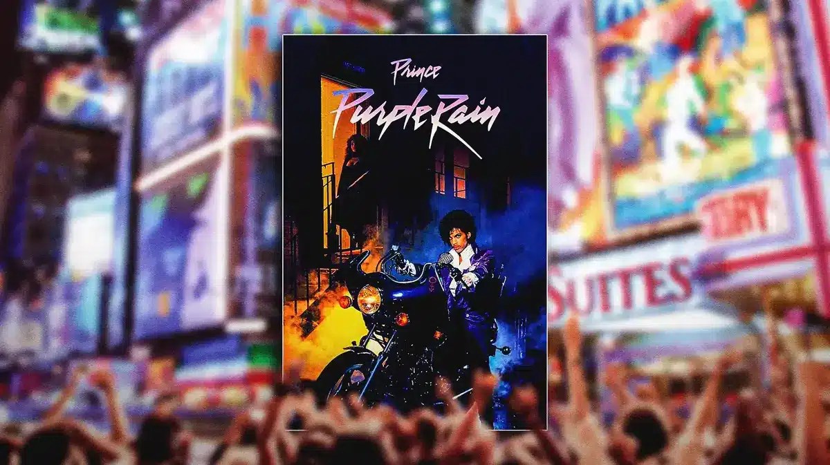 Prince Purple Rain poster in front of Broadway.