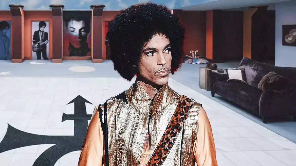 Prince in front of Paisley Park interior