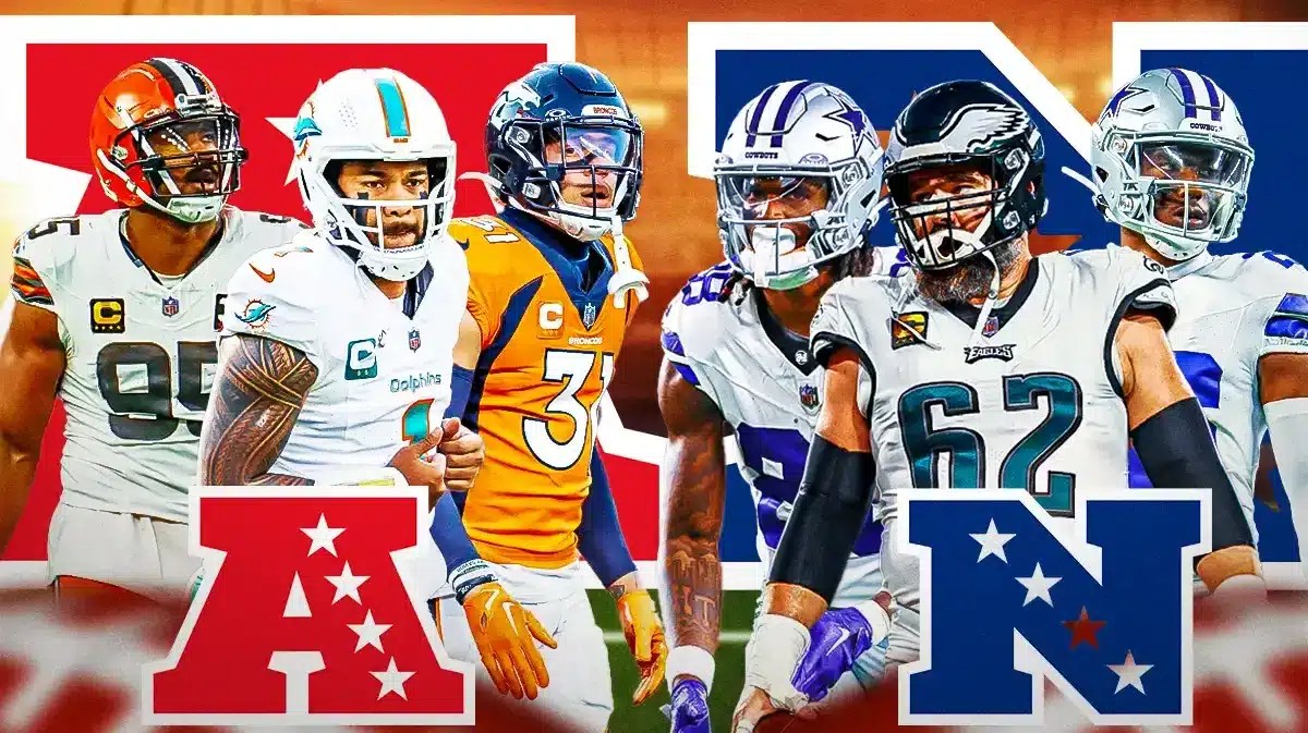 Tua Tagovailoa, Myles Garrett, Justin Simmons on one side with AFC logo in front of them. On the other side is Jason Kelce, Ceedee Lamb, DaRon Bland with NFC logo in front of them